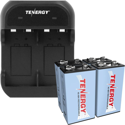Tenergy 9V Battery Rechargeable 250mAh 4 Pack NiMH Square Battery with 2 Bay