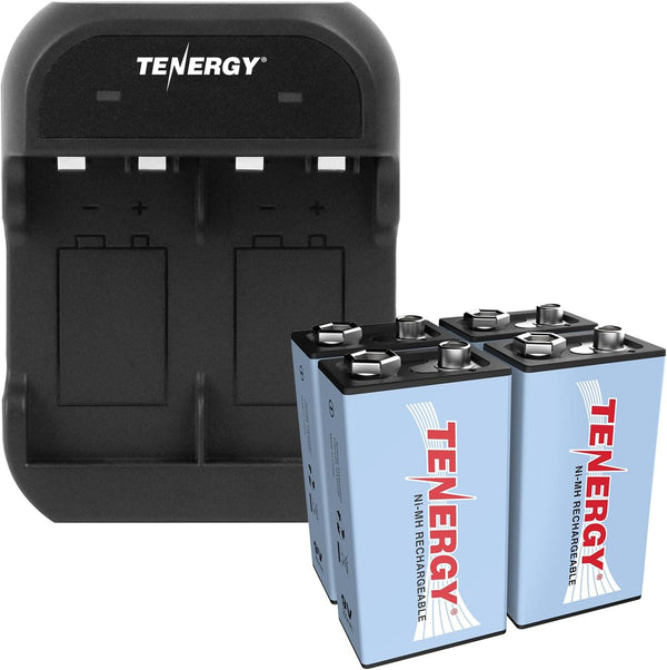 Tenergy 9V Battery Rechargeable 250mAh 4 Pack NiMH Square Battery with 2 Bay
