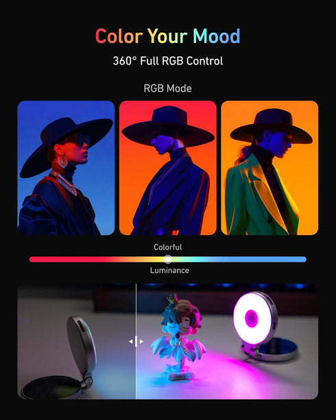 TELESIN 4-in-1 Upgraded Magnetic RGB Selfie Ring Light with Mirror & Phone Stand, Rechargeable Portable Clip On Fill