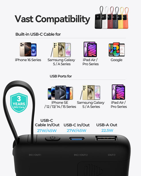 INIU 45W Slimmest 10000mAh Pack, 17 16 15 S24 S23 Power Bank, Portable Charger with Built in USB-C Cable, Fast Charging