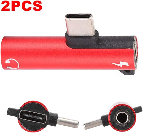 2Pcs USB Type-C to 3.5mm Female Headphone & Charger Adapter, 2-in-1 Fast Charging Cable for Type-C Phones (Red)