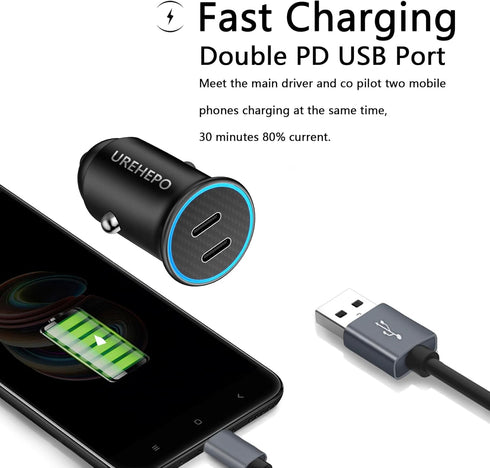 USB C Car Charger, 40W PD Dual Ports Fast Charging Car Adapter, Type C Compact Car Charger Compatible with iPhone 14 13 12 11 Pro Max, iPad Pro, Samsung Galaxy S22 S21 S10 Plus, and More by Urehepo