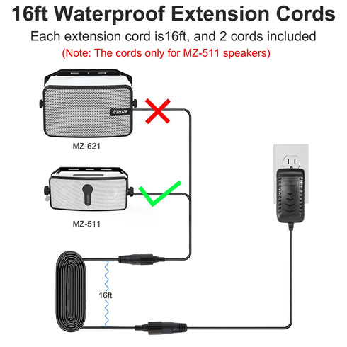 Inwa Bluetooth Outdoor Speaker Waterproof Extension Cords, 16ft Long, 2 Cords Included, Waterproof Joints for MZ-511