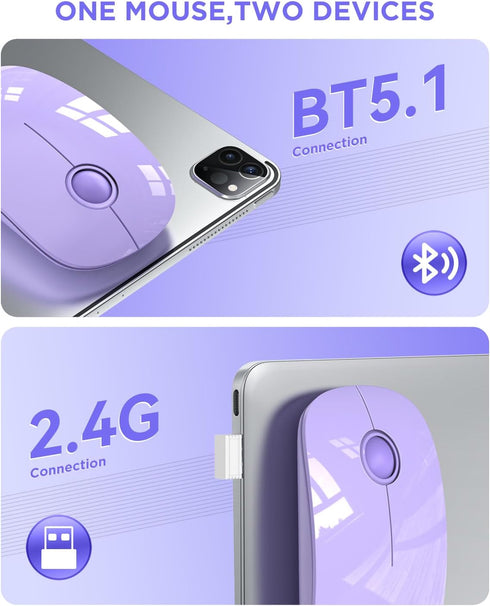 Wireless Bluetooth Mouse, Purple, 1600 DPI, Long Battery Life, Dual Connectivity, Quiet Click, High-Precision Optical