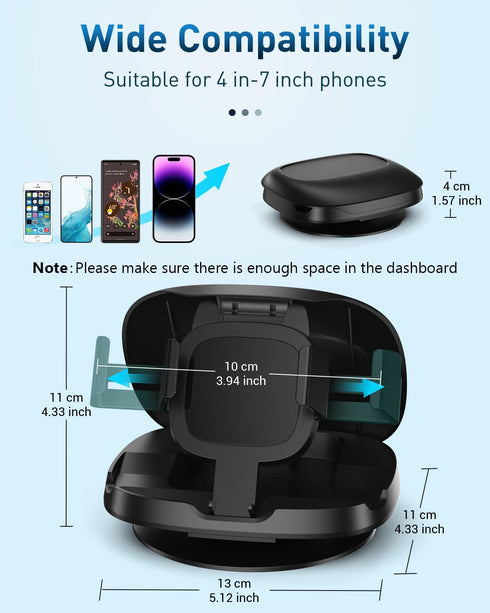 Phone Mount for Car - 360° Rotatable Dashboard Holder for Cell Phones, Washable Reusable for iPhone Samsung Smartphones