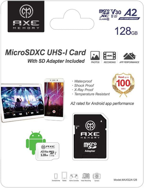 AXE MEMORY 128GB Micro SD Card 4K Ultra Full HD Video Premium Speed MicroSDXC Up to 100MB/S A2 V30 UHS-I U3 with SD