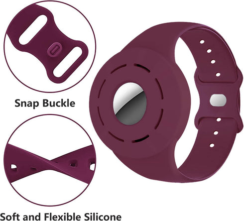 Kids AirTag Case Wrist Band, Soft Silicone Protective Cover for Apple Air Tag Finder, Burgundy