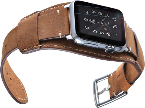 Compatible Apple Watch Band, Genuine Leather Bracelet Wrist Strap for 49mm, 46mm, 45mm, 44mm, 42mm (Cuff Brown)