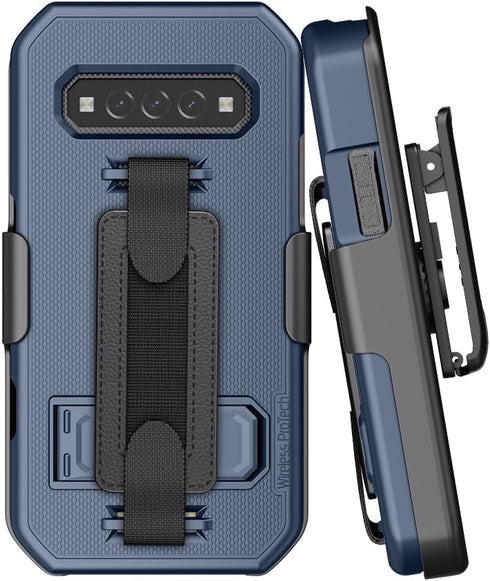 Case and Holster Combo Compatible with Kyocera DuraForce PRO 3 (E7200), Protective Case and Belt Clip Holster Combo with Handstrap, Kickstand and Screen Protector (Navy Blue)