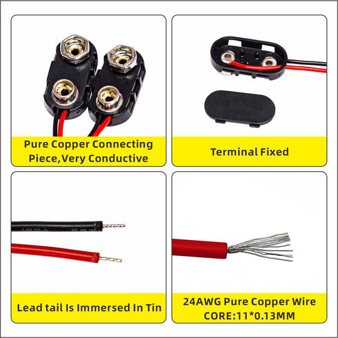 9 Volt Battery Connectors, 6 Pcs I-Type 9v Battery Connector Buckle with Wires, Hard Plastic Shell, 5.9in