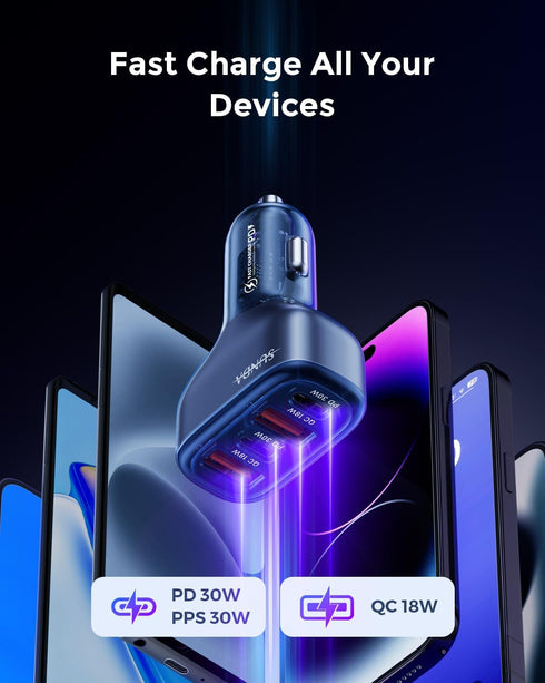 SUNDA 60W USB C Fast Car Charger, 4-Ports Adapter, Dual Type C PD30W/PPS30W Compatible with iPhone 15/14 Pro/Max (Blue)