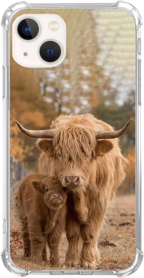 Cute Highland Cow and Cub Phone Case for iPhone 14 Plus, Animals Pattern Silicone Shockproof TPU Bumper Cover