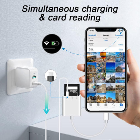 SD Card Reader for iPhone iPad, Micro SD Card Reader, Plug and Play Adapter for Simultaneous Charging and Reading