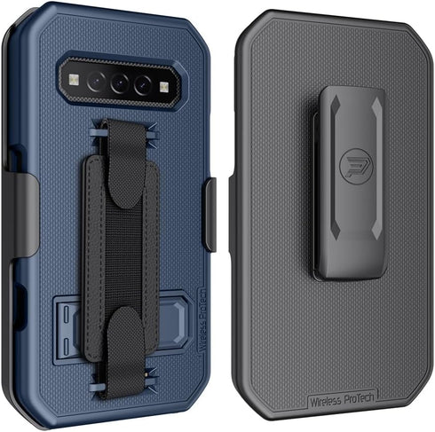 Kyocera DuraForce PRO 3 (E7200) Case and Holster Combo, Navy Blue, with Kickstand, Handstrap, and Screen Protector.