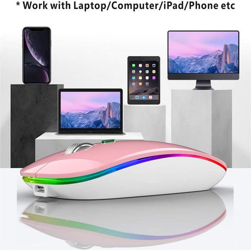 TENMOS Wireless Bluetooth Mouse, LED Slim Dual Mode Rechargeable Silent Mouse with Type C Adapter (Pink)