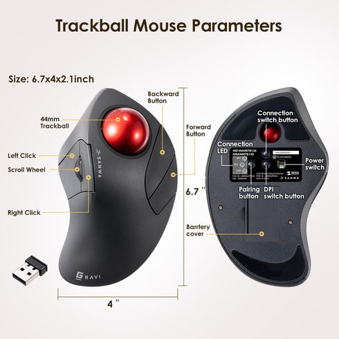 SANWA Bluetooth 5.1 Wireless Ergonomic Trackball Mouse, Finger Control Roller Ball, 3 Device Switch, Silent Programmable
