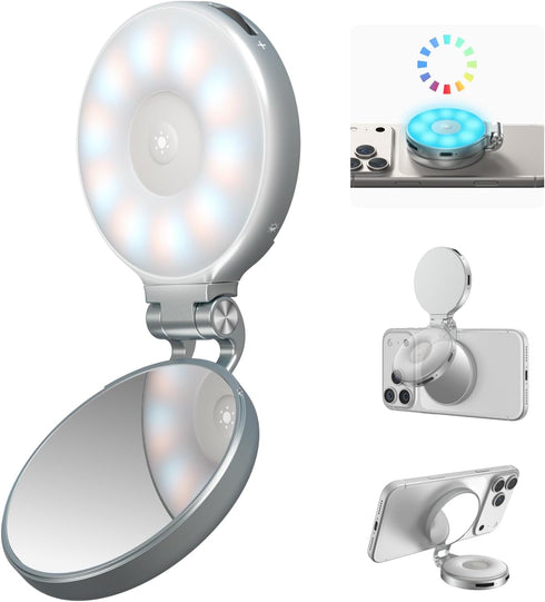 TELESIN Upgraded 4-in-1 Magnetic RGB Selfie Ring Light with Mirror & Phone Stand,