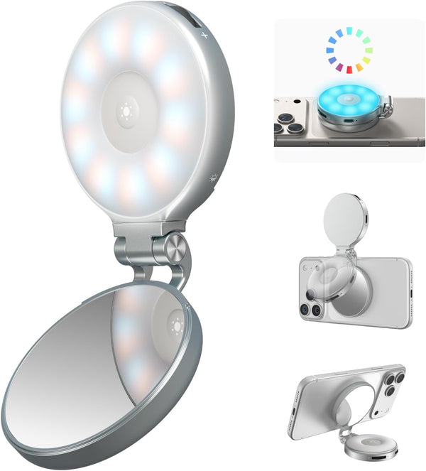 TELESIN Upgraded 4-in-1 Magnetic RGB Selfie Ring Light with Mirror & Phone Stand,
