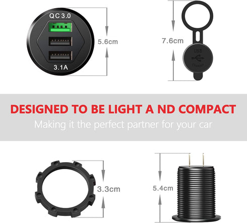 Quick Charge 3.0 Car Charger, 12V/24V 35W QC3.0/2.0 USB Charger Socket, 3 USB Power Outlet Fast Charge with Wire Fuse
