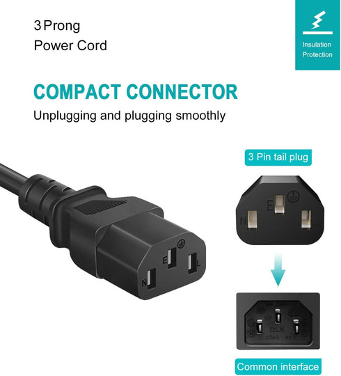 Narpendu 3-Prong 6 (1.82 Universal AC Power Cable for Computer, TV, Monitor and More, Feet Meters), Black