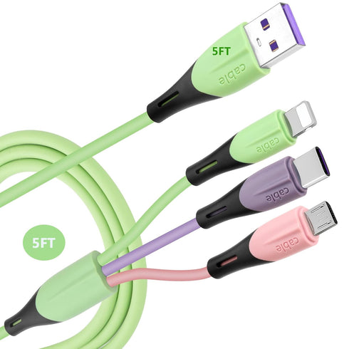 Multi Charging Cable 2-Pack 5FT, 3 in 1 5A Multiple USB Fast Charger Cord Adapter with IP/USB C/Micro USB Connectors