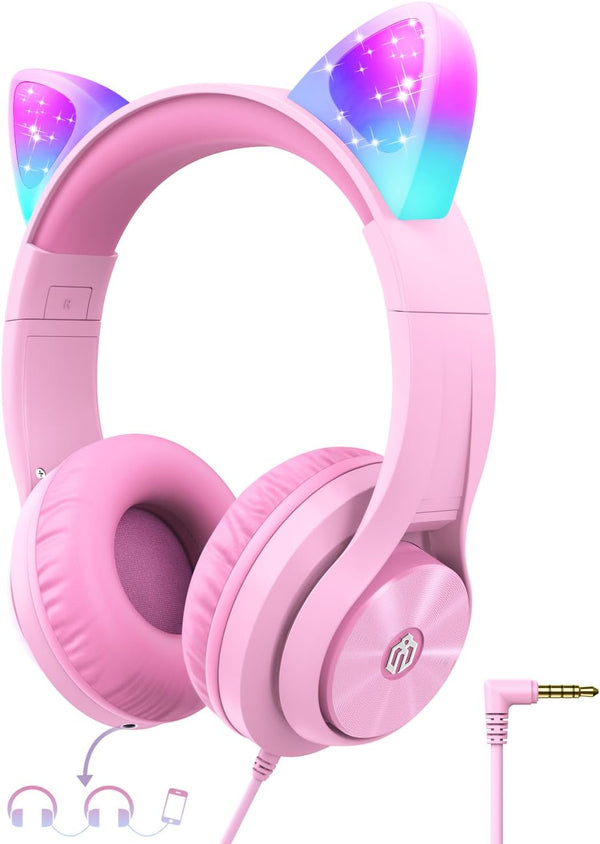 iClever Meow Donut-Pink Kids Headphones, Foldable Over-Ear, Safe Volume Limit, LED Cat Ears, Ideal for School/Travel.