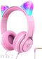 iClever Meow Donut-Pink Kids Headphones, Foldable Over-Ear, Safe Volume Limit, LED Cat Ears, Ideal for School/Travel.