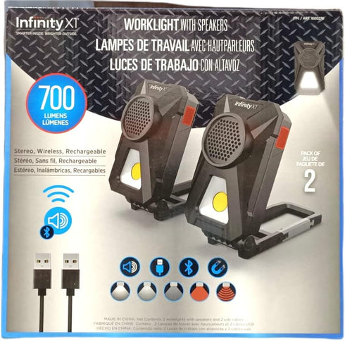 Infinity X1 Stereo Wireless Rechargeable Worklight, 700 Lumens with Bluetooth Speakers, 2-Pack