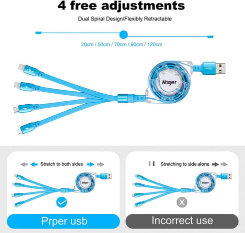 2Pack Multi Charging Cable, 4Ft Retractable 4 in 1 USB Charger for iPhone, Samsung, PS, Tablet & More. Fast Charging!
