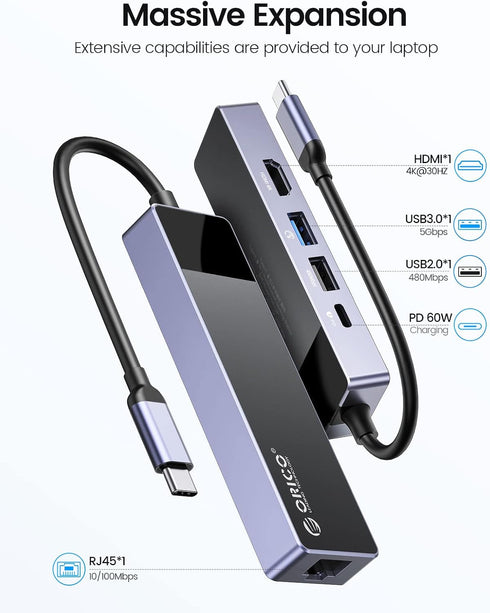 USB C Hub, ORICO 5 in 1 MacBook Docking Station Multiport Adapter with PD 60W, HDMI 4K@30Hz, Compatible with Dell/HP