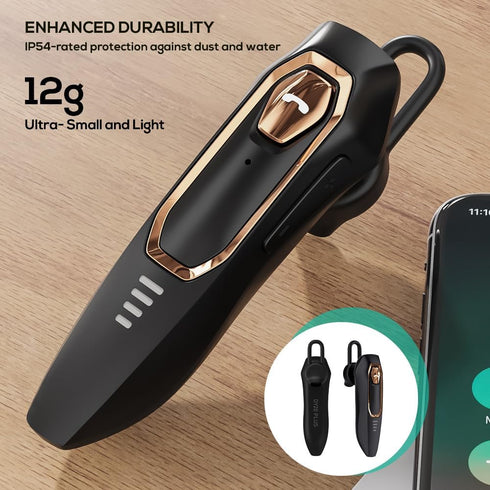 Single Ear Bluetooth Headset with 30H Talking Time, Noise Canceling Hands-Free Calls Wireless Earpiece for Driving, Gold