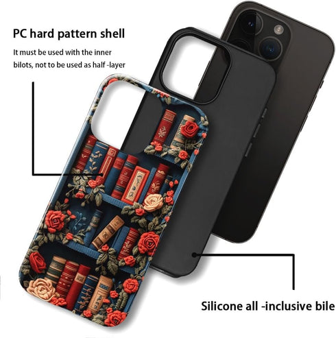 DJSOK 14 Compatible with iPhone Pro Max,Glossy PC Anti-Scratch Shockproof Case - Bookshelf Floral Fabric Library