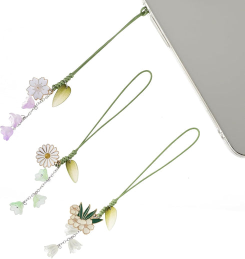 3pcs Cherry Blossom Daisy Flower Phone Charm, Handmade Mobile Phone Pendant, Cute Anti-lost Strap for Women