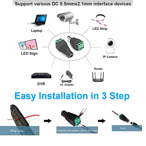 "DC Power Connector 15 Pairs 12V Male+Female 2.1x5.5MM Adapter for CCTV Camera and LED Strip Light"