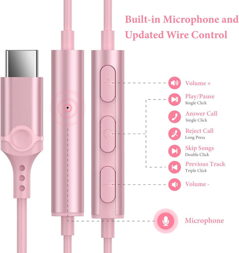 HiFi Stereo USB C Headphones for iPad Pro, iPhone 15/15 Pro Max, Samsung S24/S23 Ultra, OnePlus, Huawei - Pink