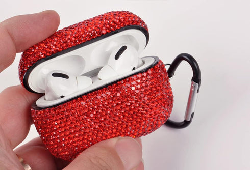 Sparkly Diamond Case for AirPods Pro 1&2 - Shockproof Rhinestone Cover Skin with Keychain, Rro Red