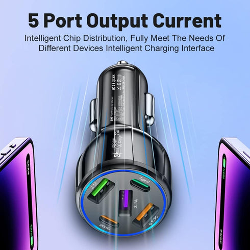 75W USB C Car Charger, 5-Port Adapter, PD & QC3.0 Fast Charging Cigarette Lighter USB Charger for iPhone/Android/Samsung