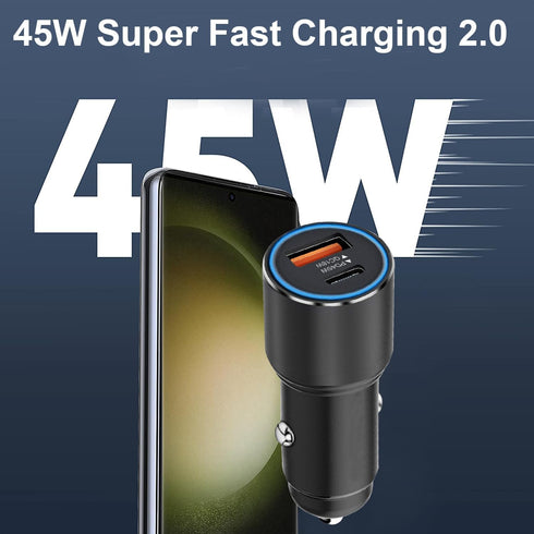 63W Super Fast Car Charger and Cable for Galaxy S23 S22 S24 Plus Ultra/S21 S20 FE, 2-Port (USB C 45W + USB A 18W)