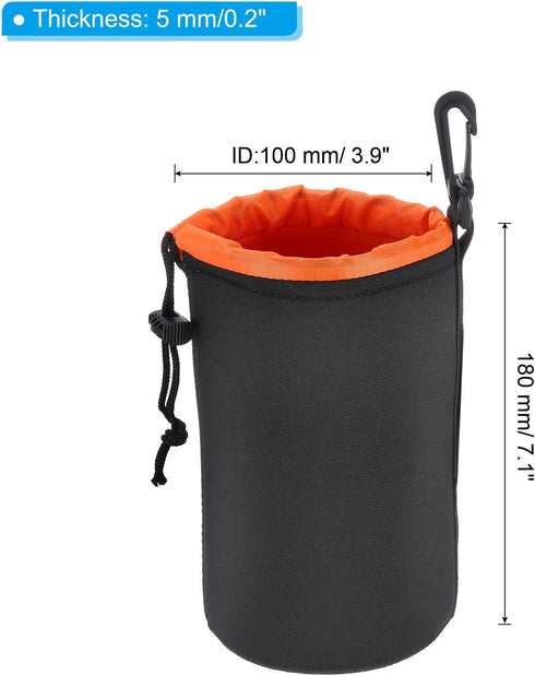 PATIKIL Camera Lens Bag, 2 Pcs 3.9" IDx7.1 H Drawstring Lens Pouch with Thick Protective Neoprene, Lens Case for DSLR Camera Lens, Water Coffee Cups, Black, Orange