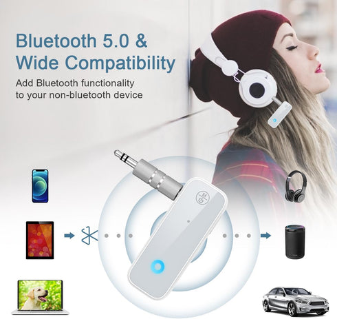 Aux Bluetooth Adapter for Car, 2 in 1 Wireless Bluetooth Transmitter Receiver, Built-in Mic Hands-Free Calls Crystal Clear Sound, for Cars Headphones Home Stereo, White