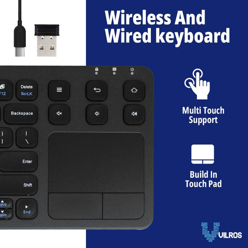 Vilros 2.4G Wireless & Wired Touch Keyboard with Built-in Touchpad, USB Wired + 2.4G Compatible with Raspberry Pi