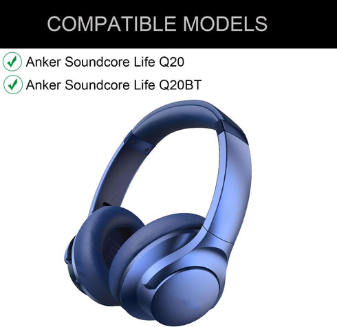 Replacement Ear Pads for Anker Soundcore Life Q20 Headphones, Comfortable Memory Foam & Protein Leather (Blue)