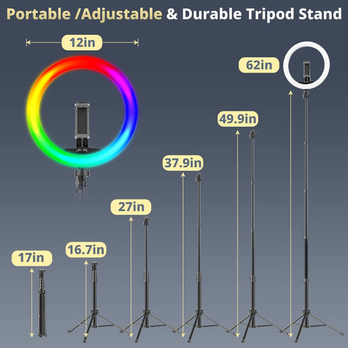 UBeesize 12” RGB Selfie Ring Light with 62” Extendable Tripod Stand & Remote, LED Light for Video Recording/Makeup