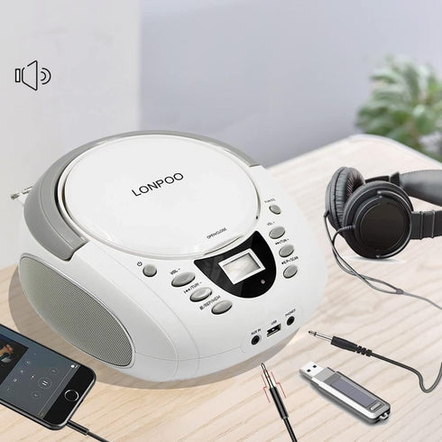 LONPOO CD Player Portable Boombox with FM Radio, USB, Bluetooth, AUX Input, Stereo Sound Speaker & Audio Player, White