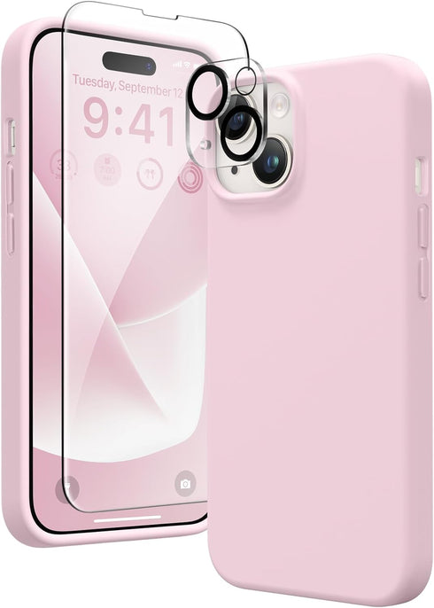GONEZ iPhone 14 Case Silicone, Shockproof Protective Phone Cover with 2X Screen Protector + 2X Camera Lens Protector,