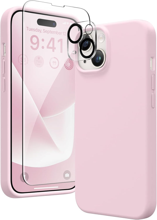 GONEZ iPhone 14 Case Silicone, Shockproof Protective Phone Cover with 2X Screen Protector + 2X Camera Lens Protector,