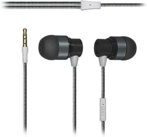 Coby Noise Isolating Metal Wired Earbuds, Tangle Free Braided Wire, Built-in Microphone, Noise Canceling Headphones