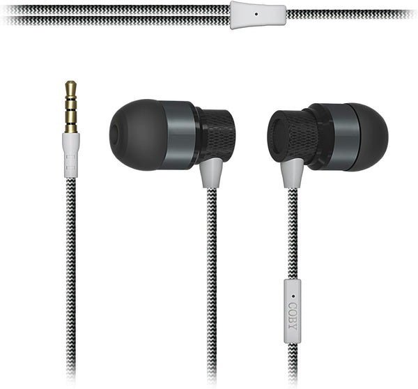 Coby Noise Isolating Metal Wired Earbuds, Tangle Free Braided Wire, Built-in Microphone, Noise Canceling Headphones