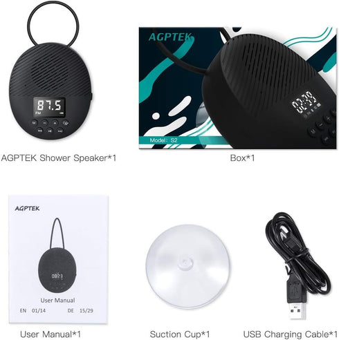 Shower Radio Speaker with Bluetooth 5.0, AGPTEK Waterproof FM, Suction Cup, 12H Playback, Handsfree Calling, Black