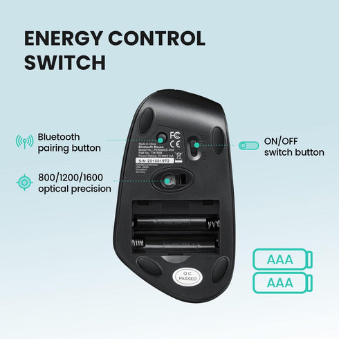 Perixx PERIMICE-804 Bluetooth Vertical Mouse, Black, Bluetooth Connection for Windows and Android, No USB Receiver